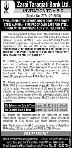 Zarai Taraqiati Bank Limited Islamabad Tender Notice